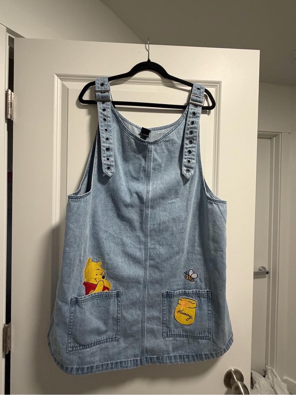 Light Blue Denim Womens Pinafore Dress with Winnie-the-Pooh Embroidery